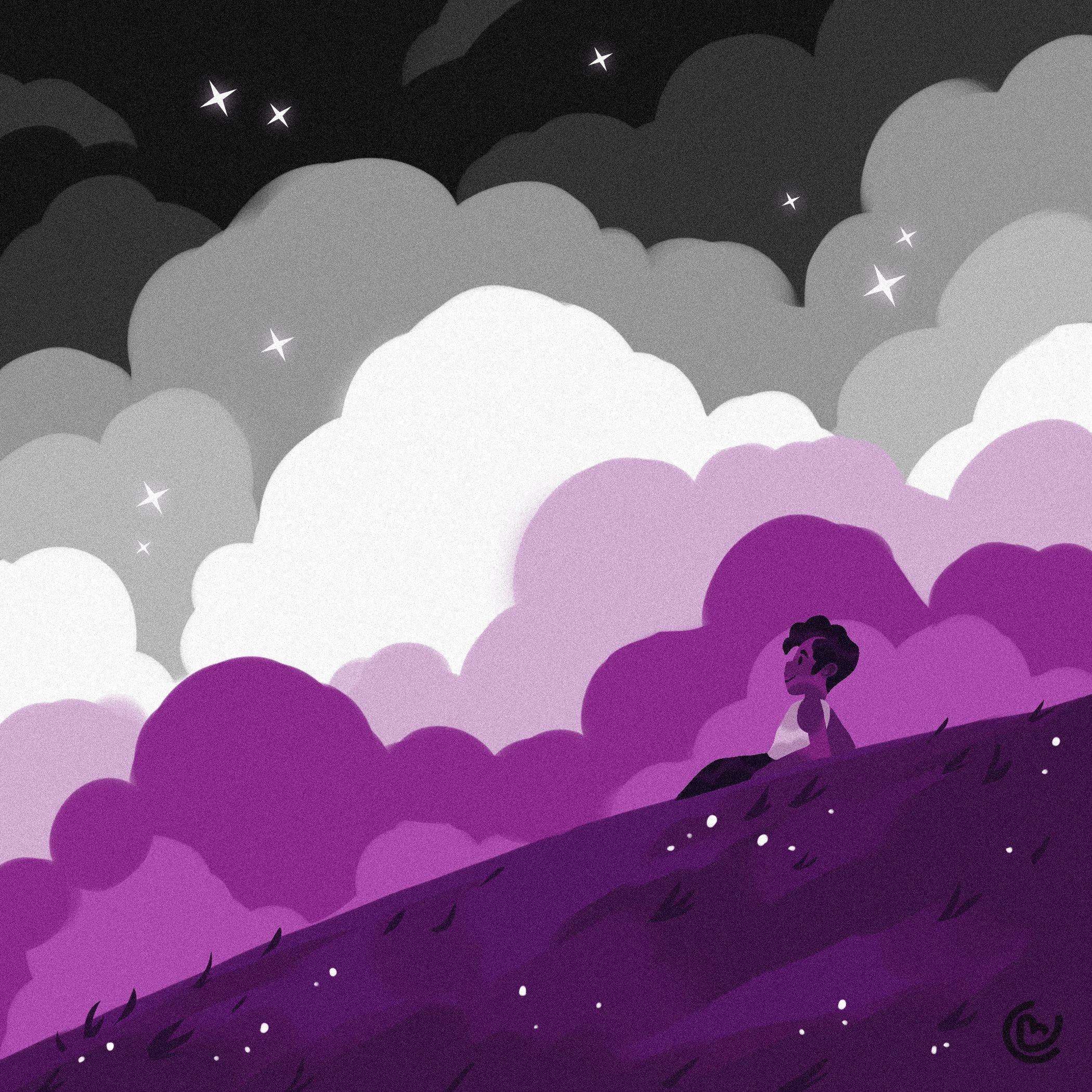 A digital illustration of a girl standing on a hill at night, looking up at the stars. - Asexual