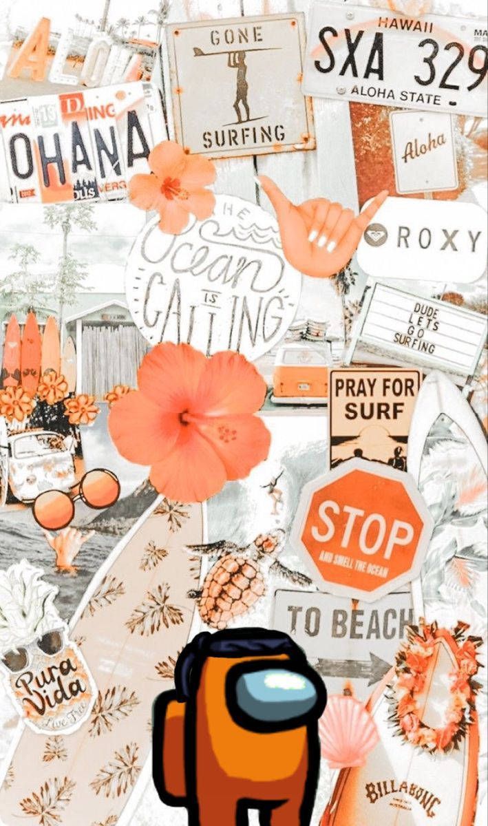 An orange and white aesthetic background with surfing signs - Among Us