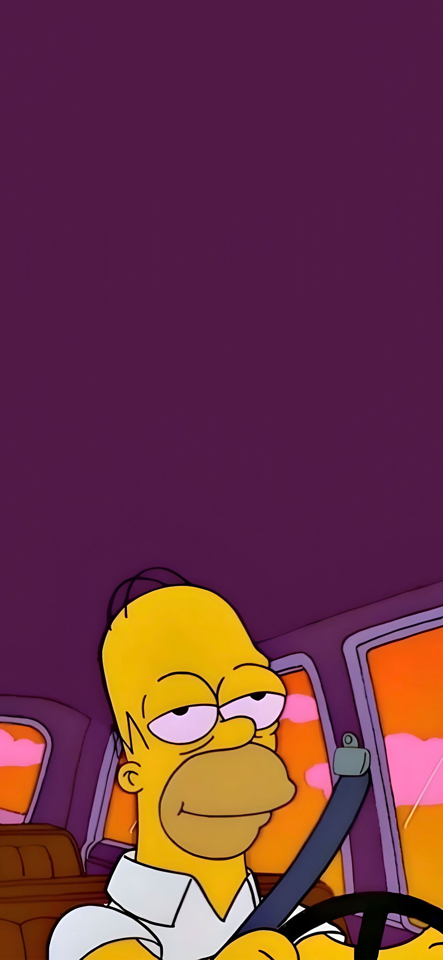 Homer Simpson driving a car with a purple background - Homer Simpson