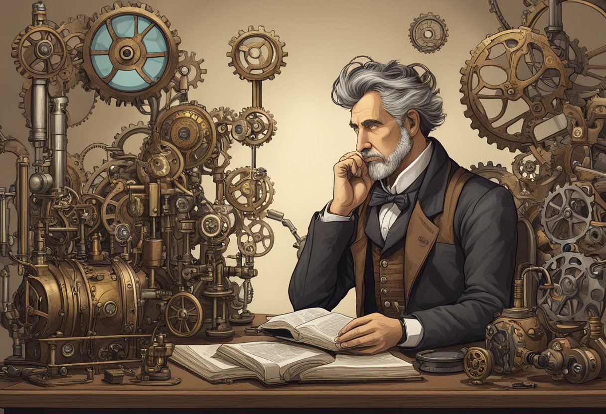 Illustration of a man reading a book with a steampunk machine behind him - Steampunk