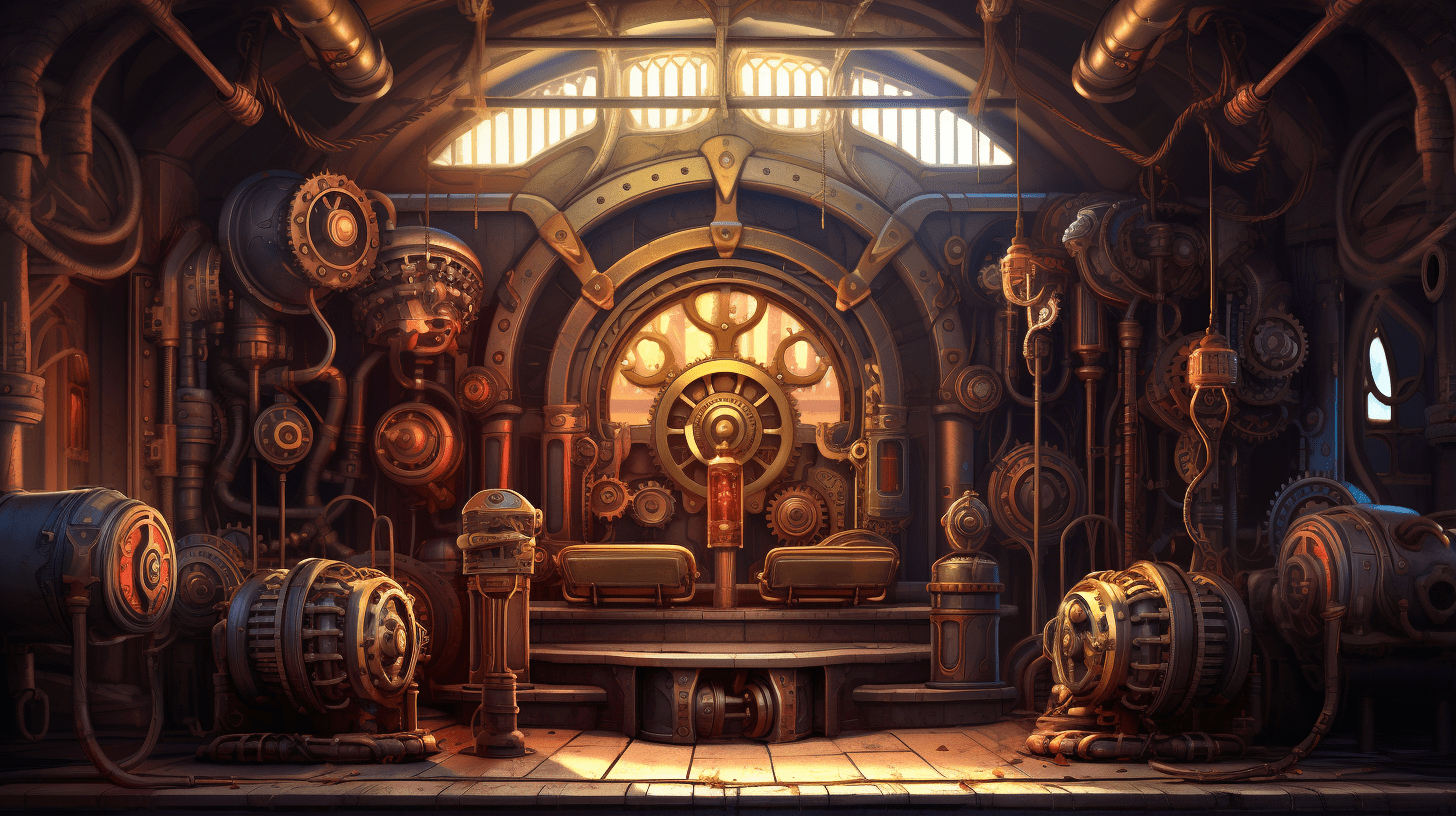 A room with a large chair in the center surrounded by metal structures and gears. - Steampunk