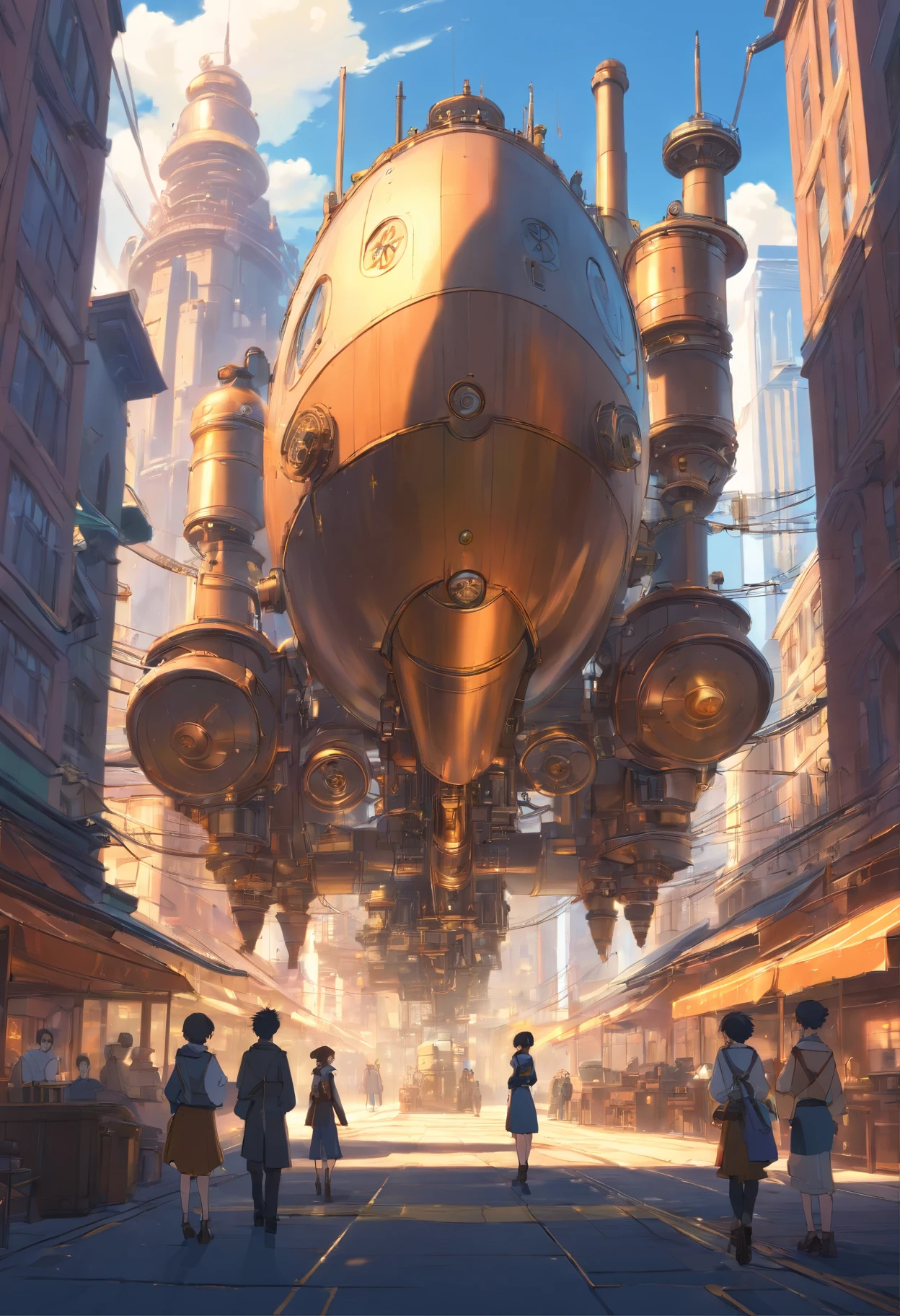 An anime scene with a giant egg-shaped airship floating above a city street. - Steampunk