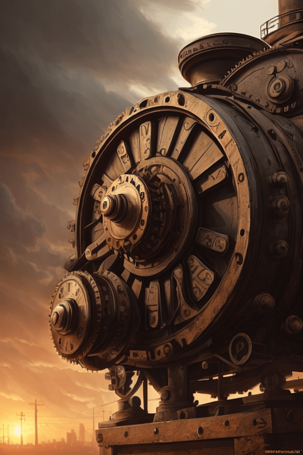 A large metal object with two large metal wheels on a dark and cloudy day. - Steampunk