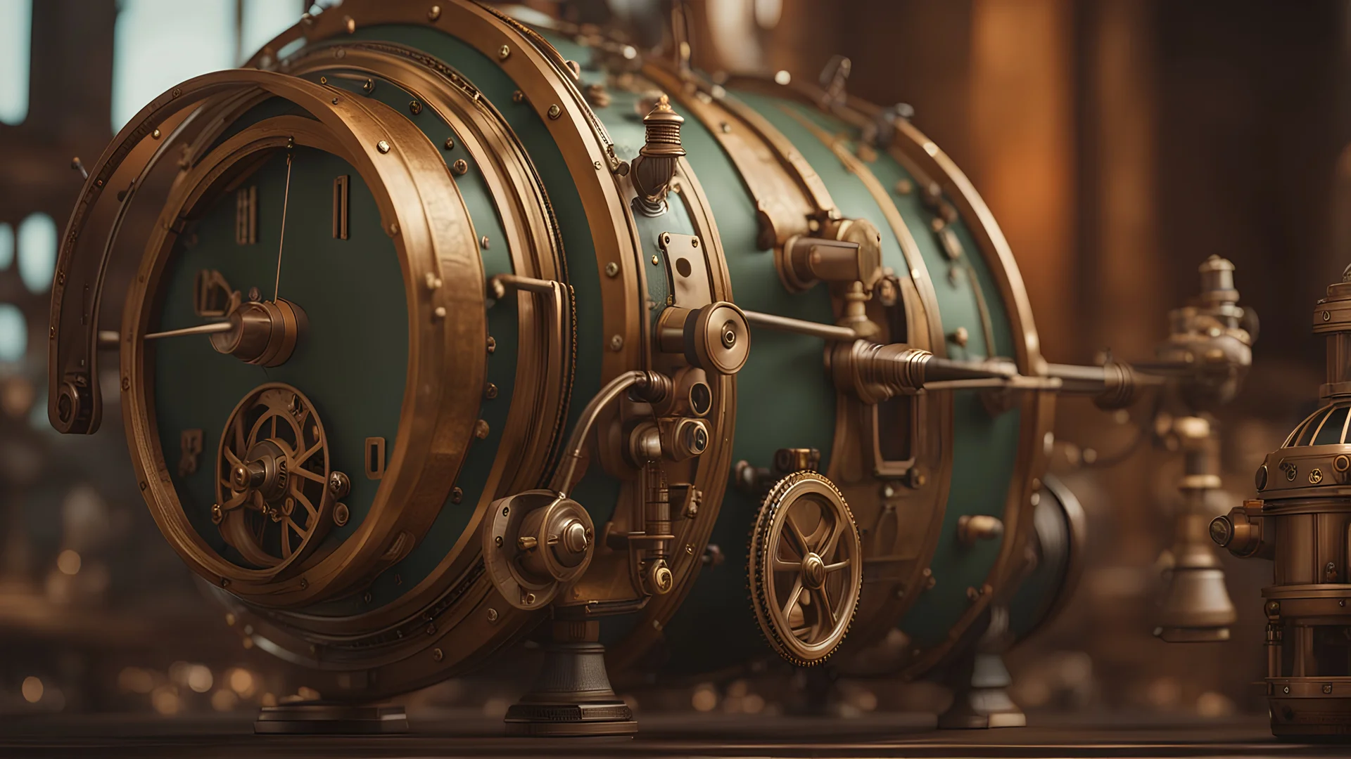 A large green and gold machine with many cogs and wheels. - Steampunk