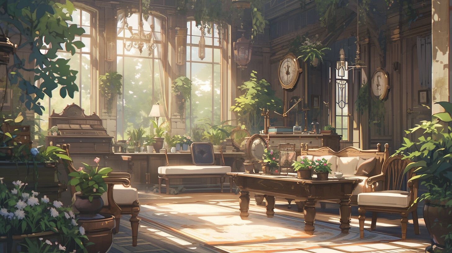 A sunlit room with many potted plants and antique furniture. - Steampunk