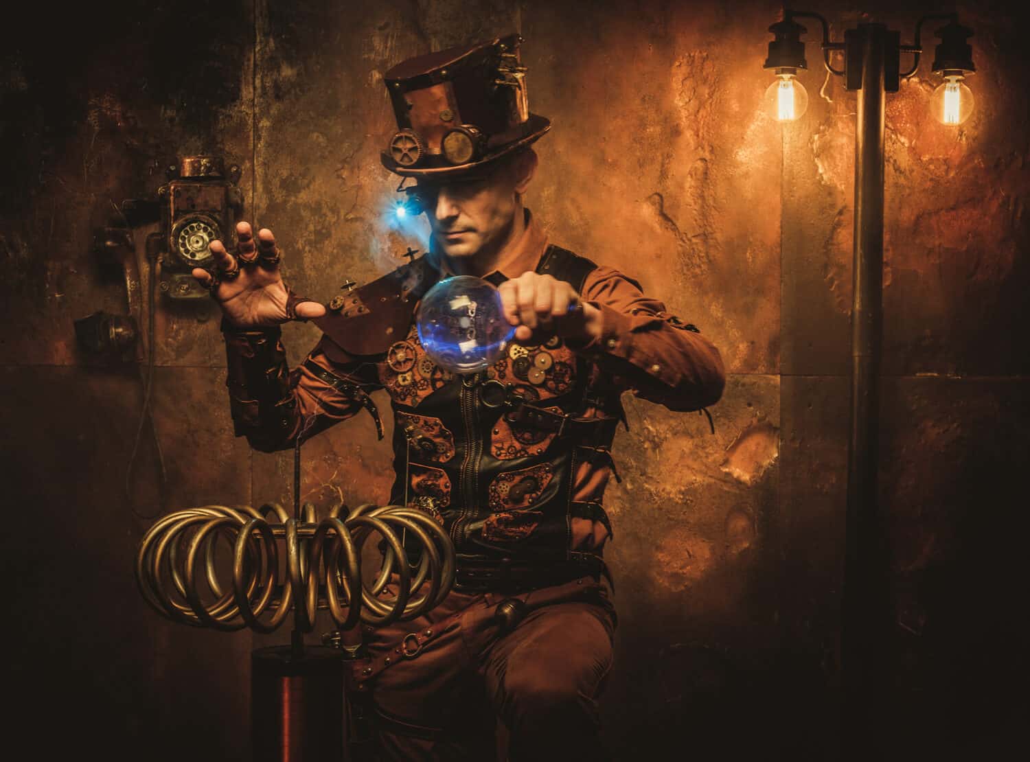 A man in a steampunk costume with a glowing orb - Steampunk