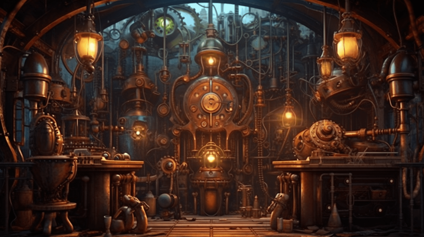 A steampunk room with a large clock in the center - Steampunk
