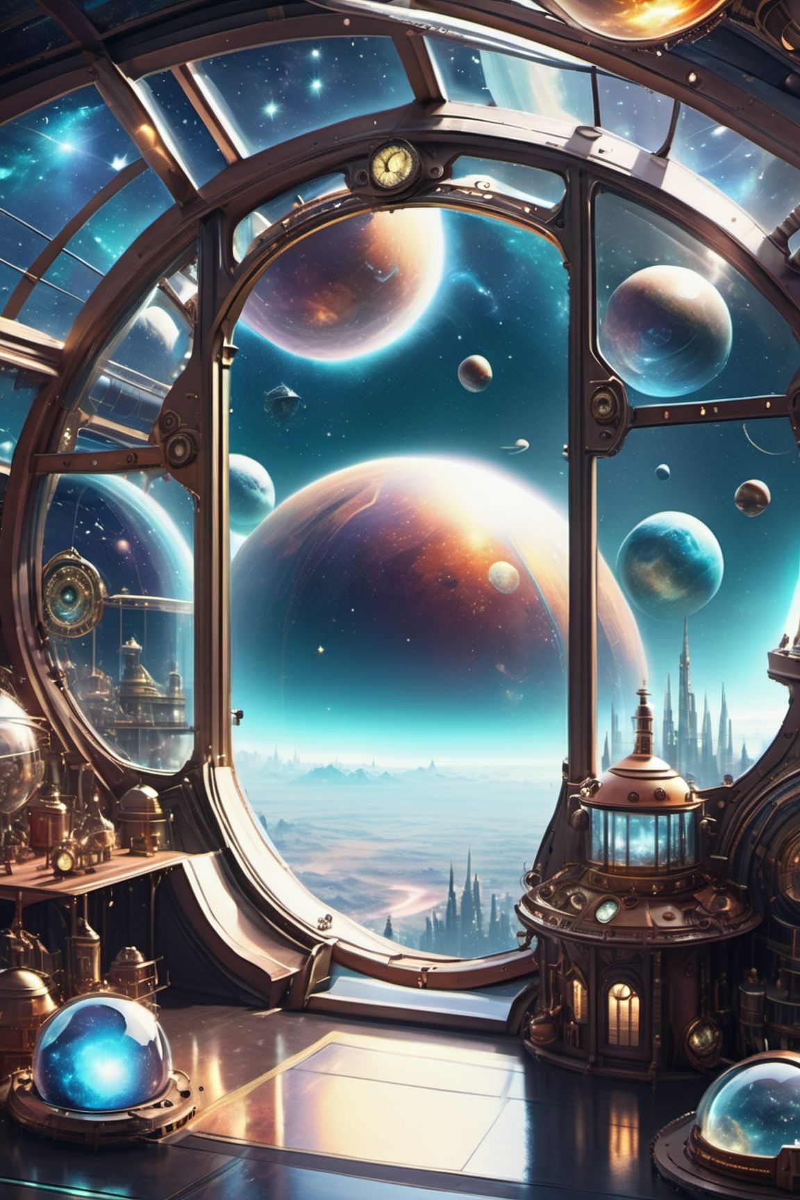 Space window with a view of the city wallpaper 1242x2688 - Steampunk