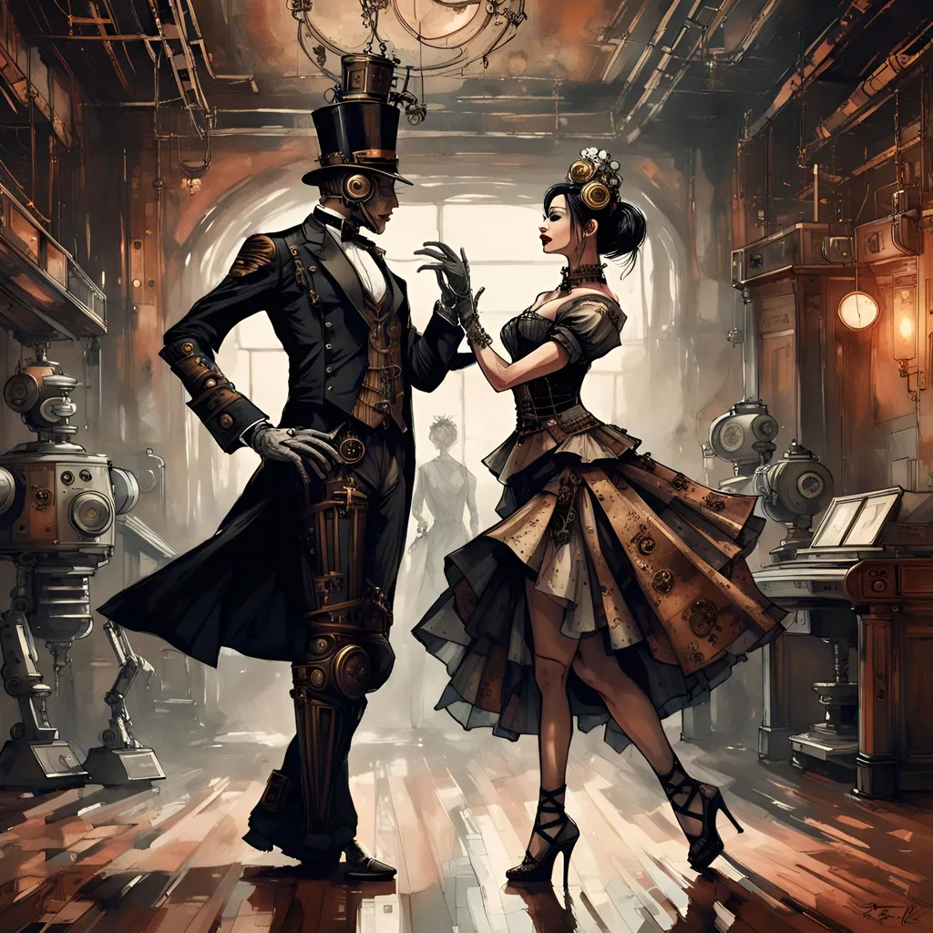 A man and a woman in steampunk attire dance in a room full of robots. - Steampunk
