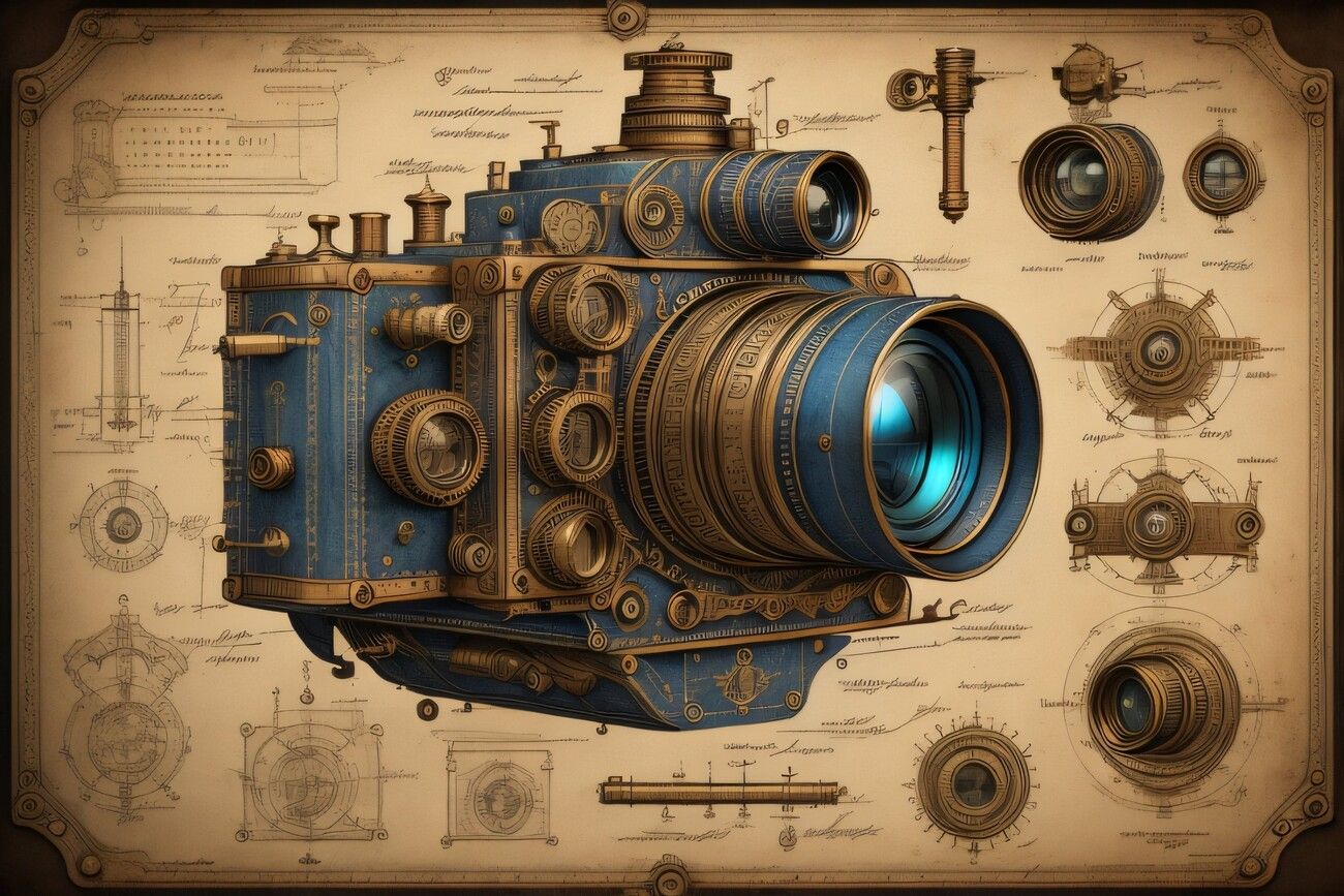 An illustration of a blue steampunk camera - Steampunk