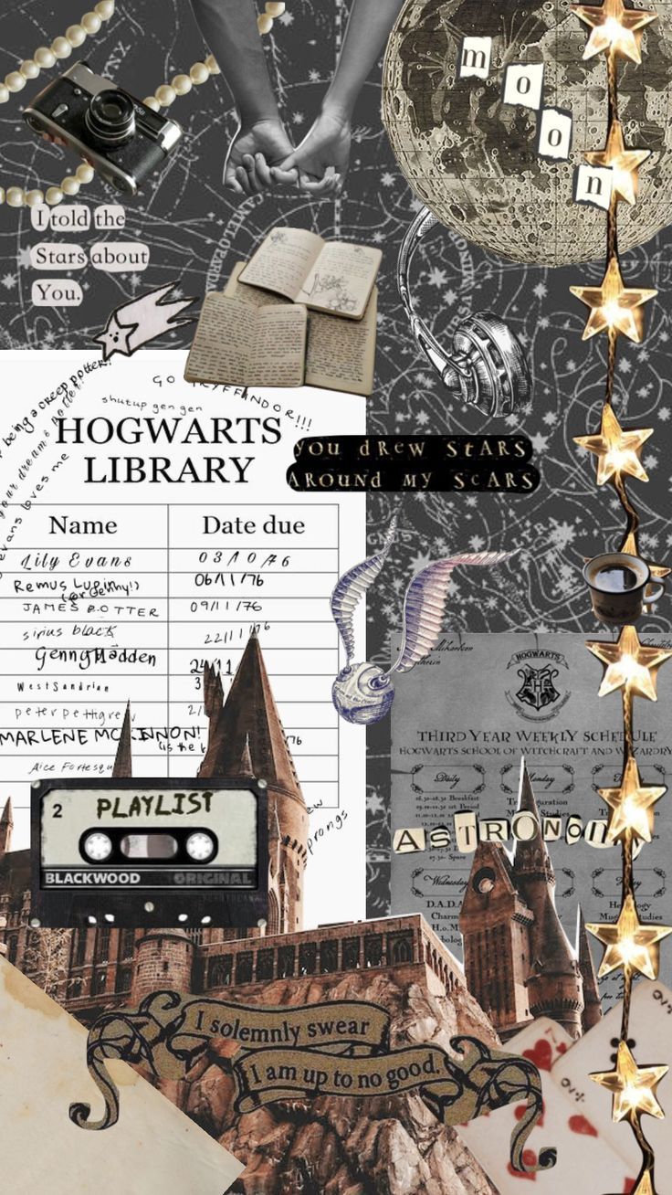 A collage of Harry Potter elements including Hogwarts, stars, and a library card. - Hogwarts