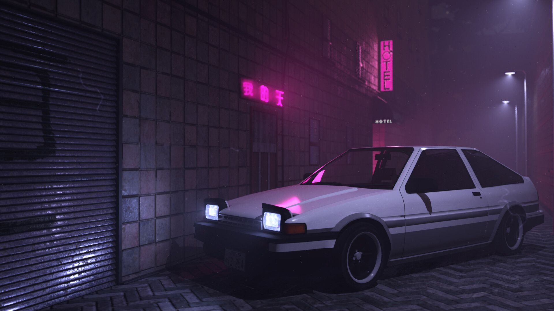 Aesthetic anime car parked in a dark alley - JDM