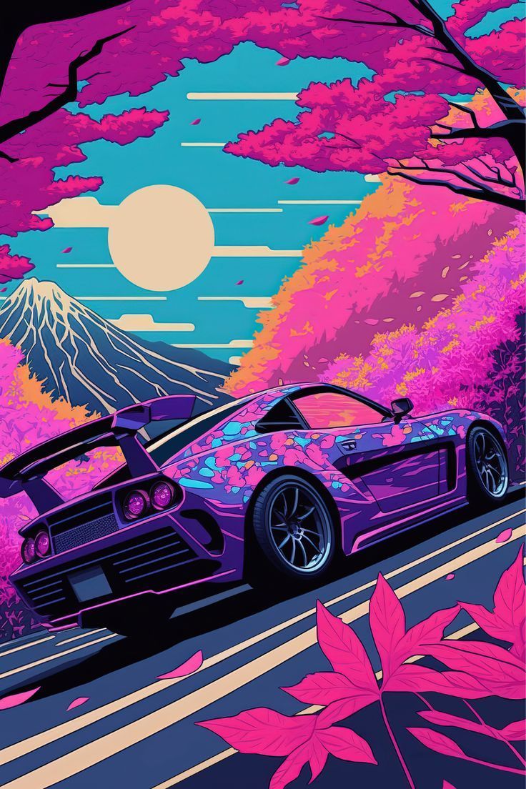 Lamborghini Countach in a purple sunset with pink leaves - JDM