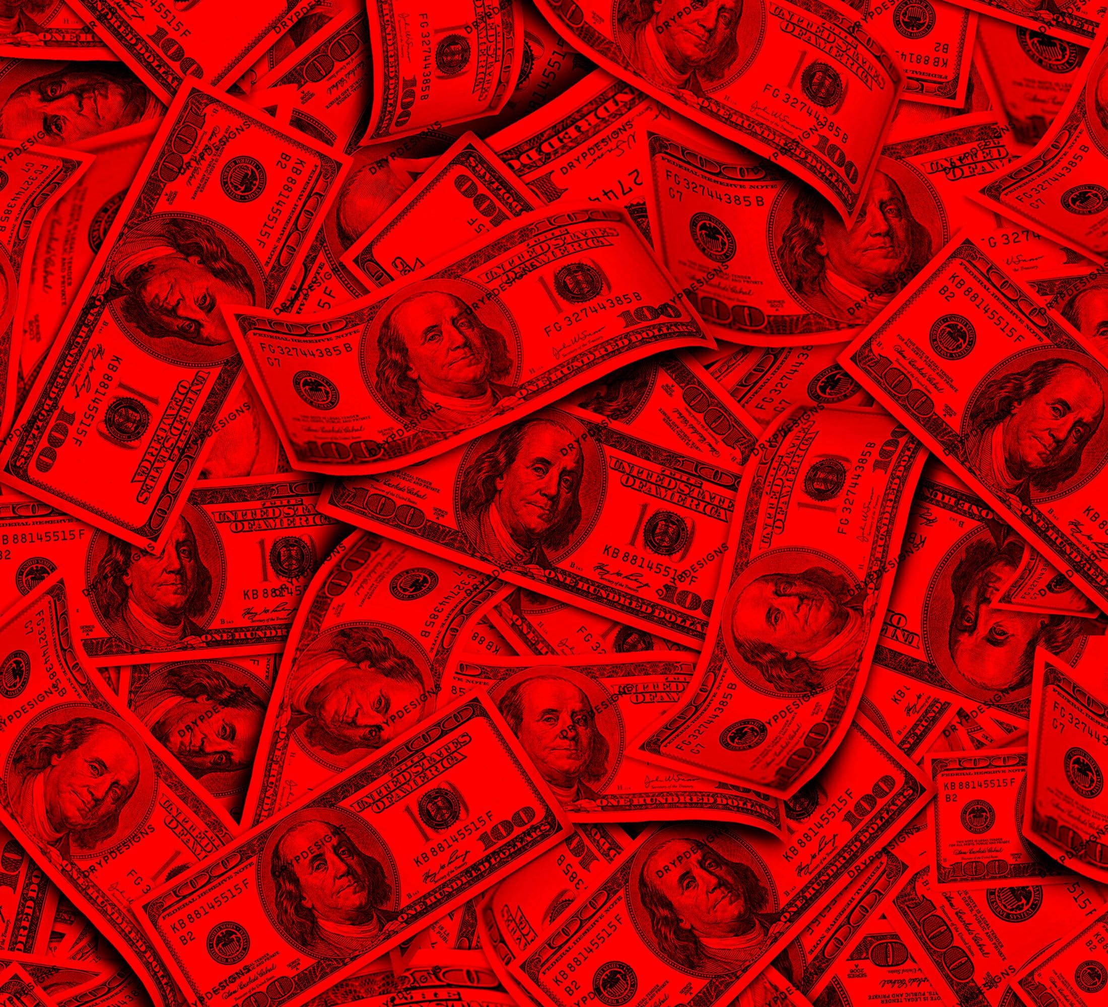 A pile of red money on a red background - Money
