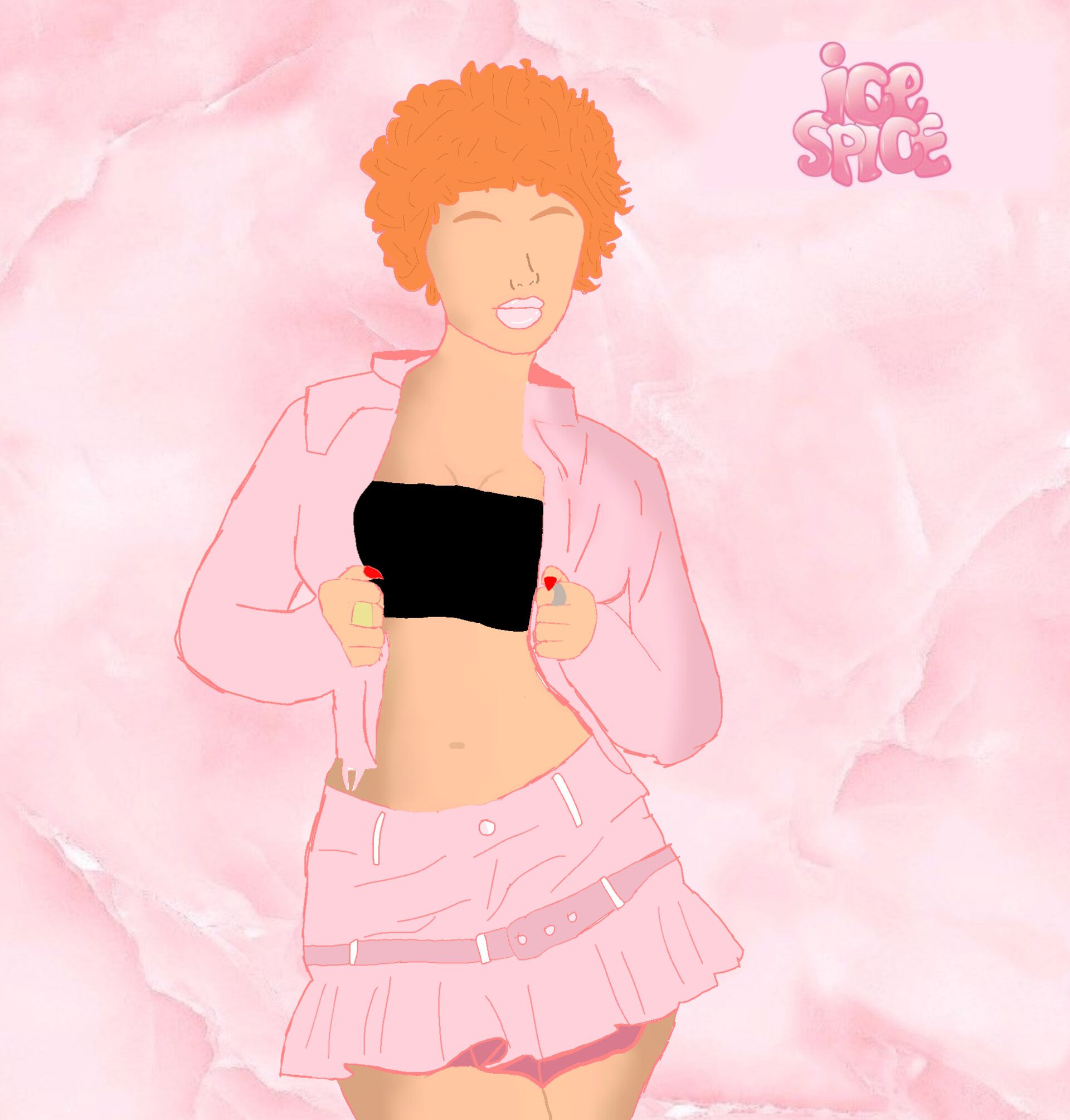A digital illustration of a woman with orange hair and pink clothes. - Ice Spice