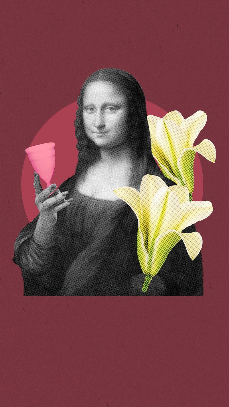 A digital collage of the Mona Lisa holding a menstrual cup with yellow flowers on a red background - Mona Lisa