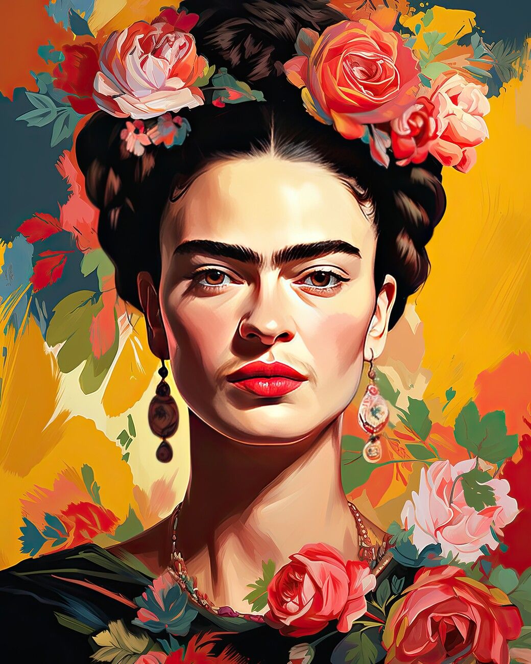 A portrait of Frida Kahlo with flowers in her hair and a floral background. - Frida Kahlo