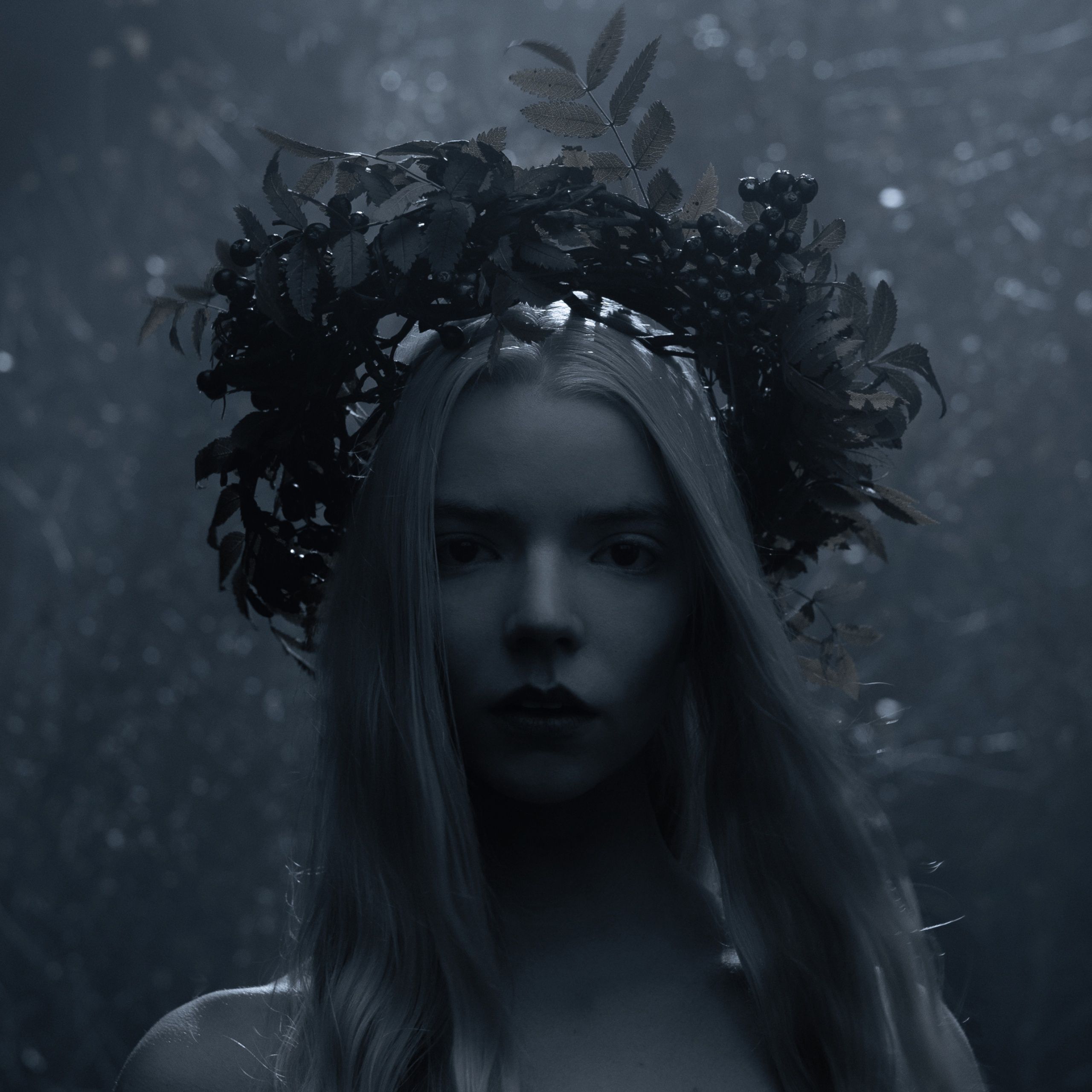 A woman with a leaf crown in a forest. - Anya Taylor-Joy