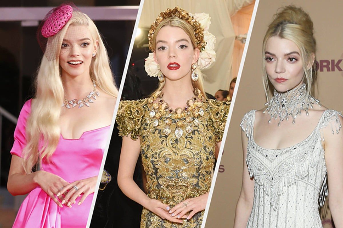 L-R: Elle Fanning in a pink dress, Anya Taylor-Joy in a gold and red dress, and Chloë Grace Moretz in a silver dress. - Anya Taylor-Joy
