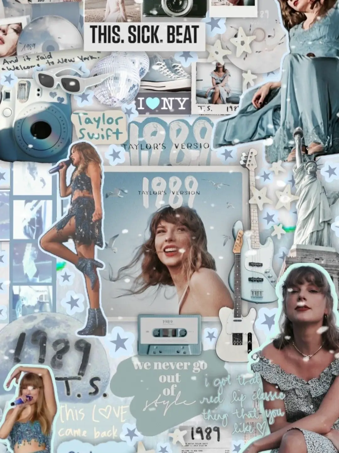 A collage of Taylor Swift, a camera, a cassette tape, and a guitar. - Taylor Swift
