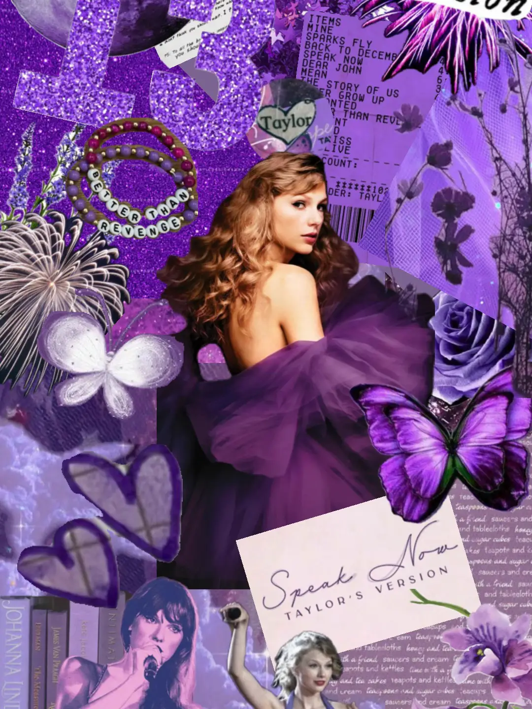 A collage of Taylor Swift in purple with butterflies and sparkles. - Taylor Swift