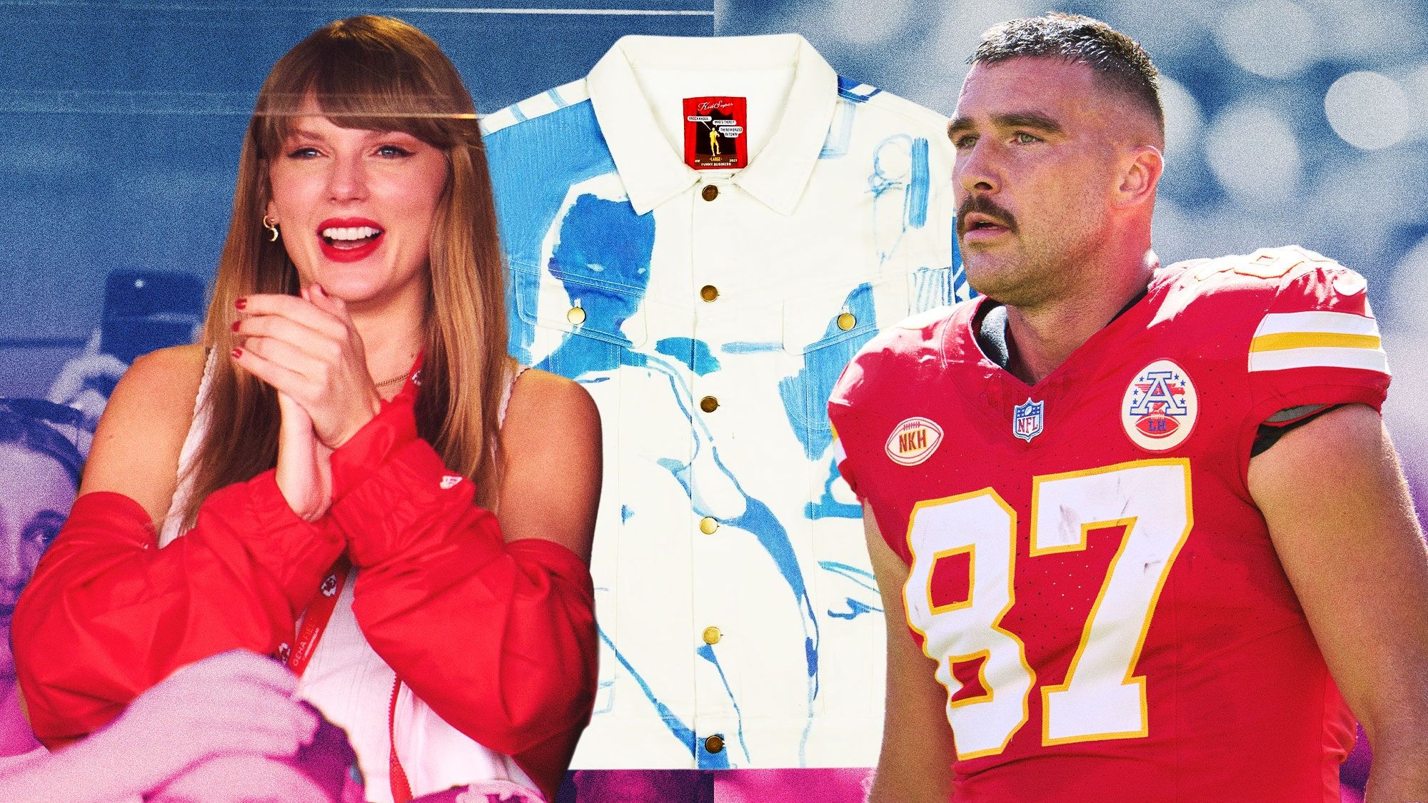 A collage of Taylor Swift, a white button up shirt, and Travis Kelce - Travis Kelce
