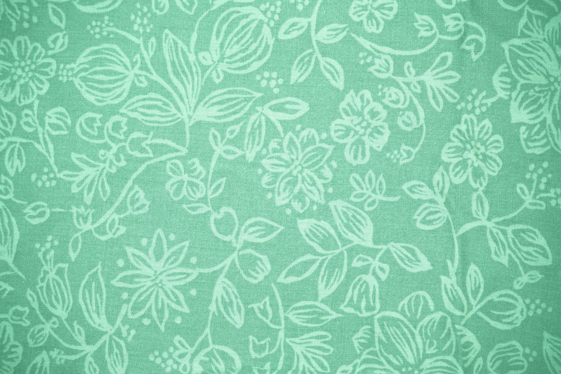 A close up of a green fabric with a white floral pattern. - Mint green