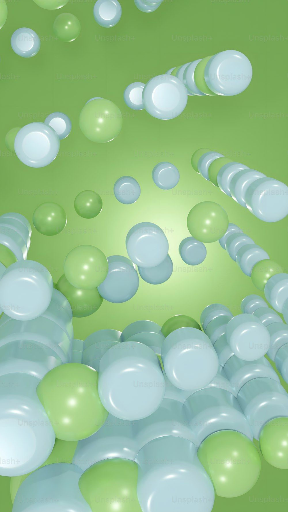 3D render of green and blue spheres on a green background - Mint green