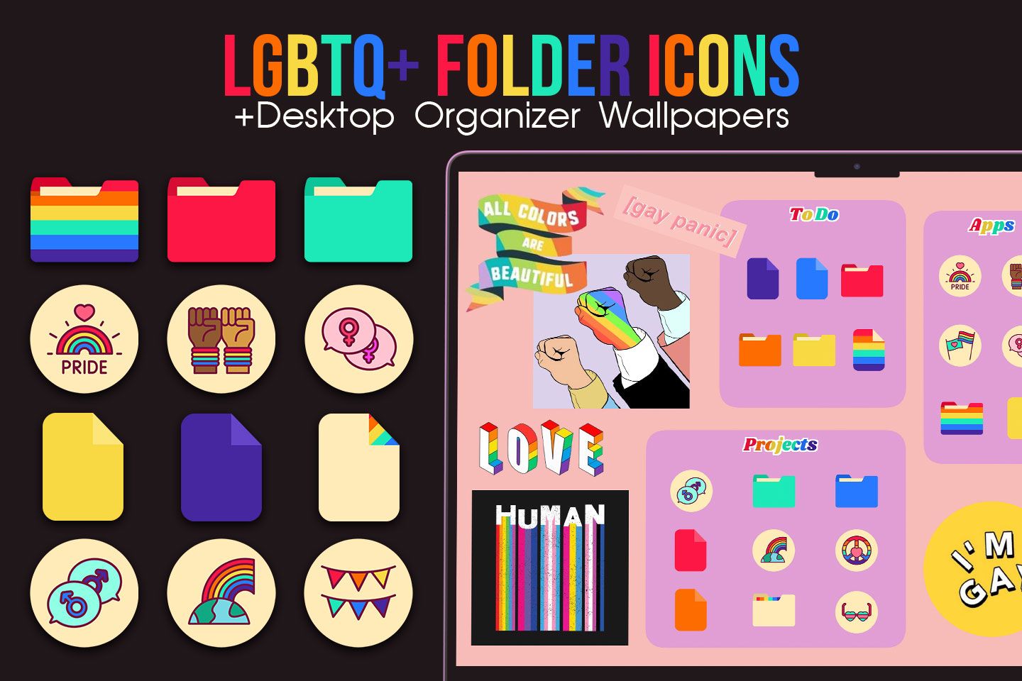 LGBTQ+ pride themed folder icons and desktop organizer wallpapers. - Gay