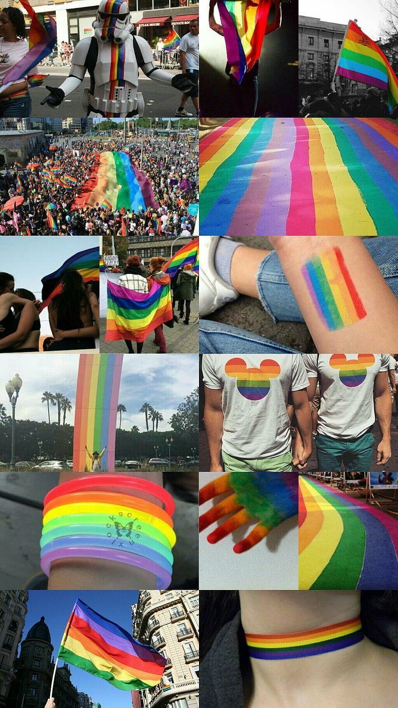 Images of people and items decorated with the rainbow flag. - Gay