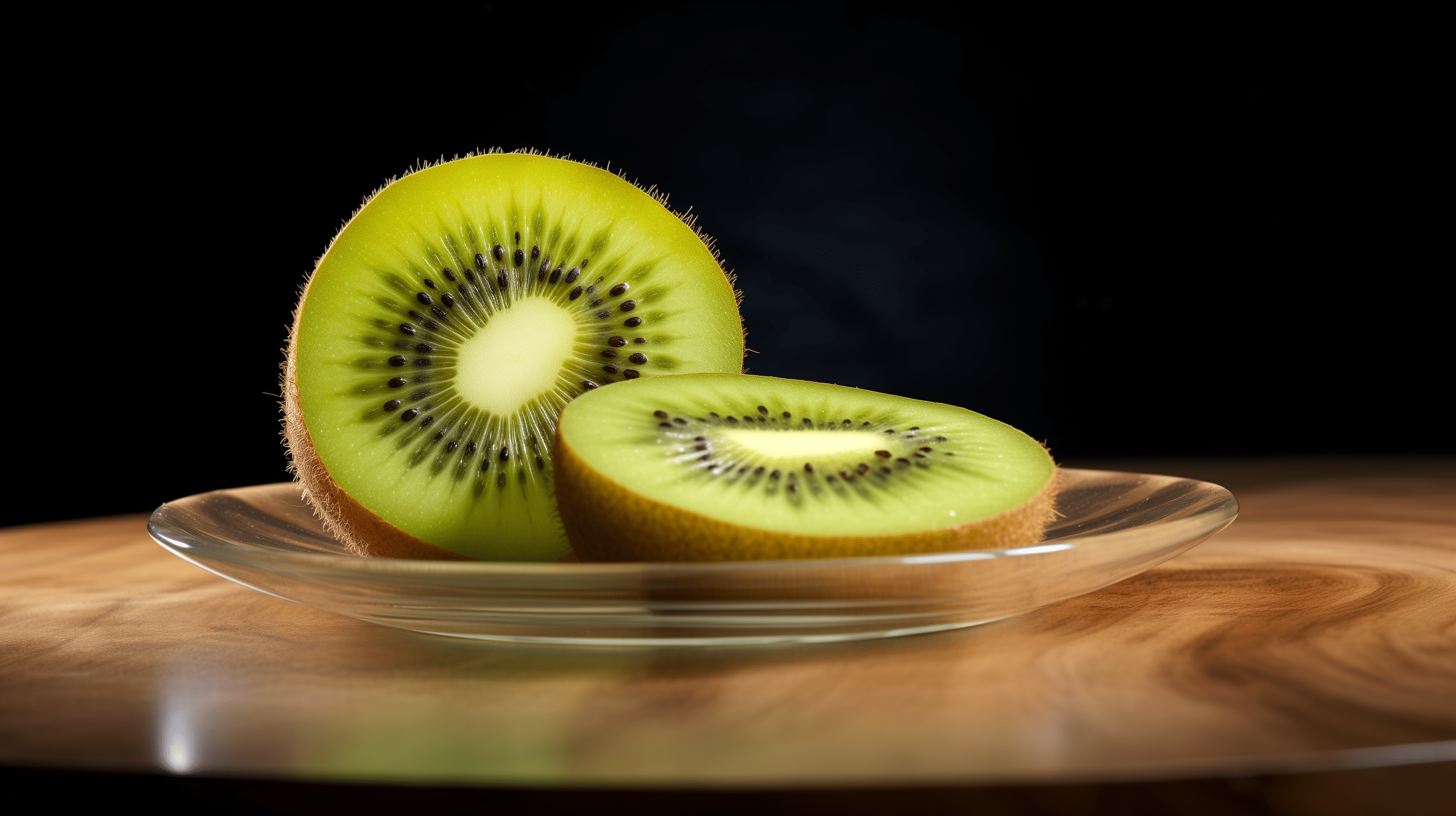 A sliced kiwi fruit on a glass plate on a wooden table. - Kiwi