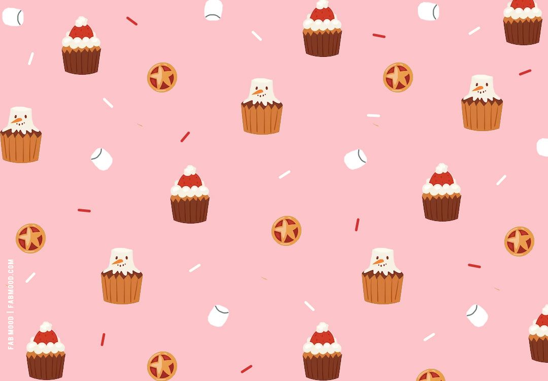 Christmas seamless pattern with cupcakes, marshmallows and meringue on a pink background. - Marshmallows