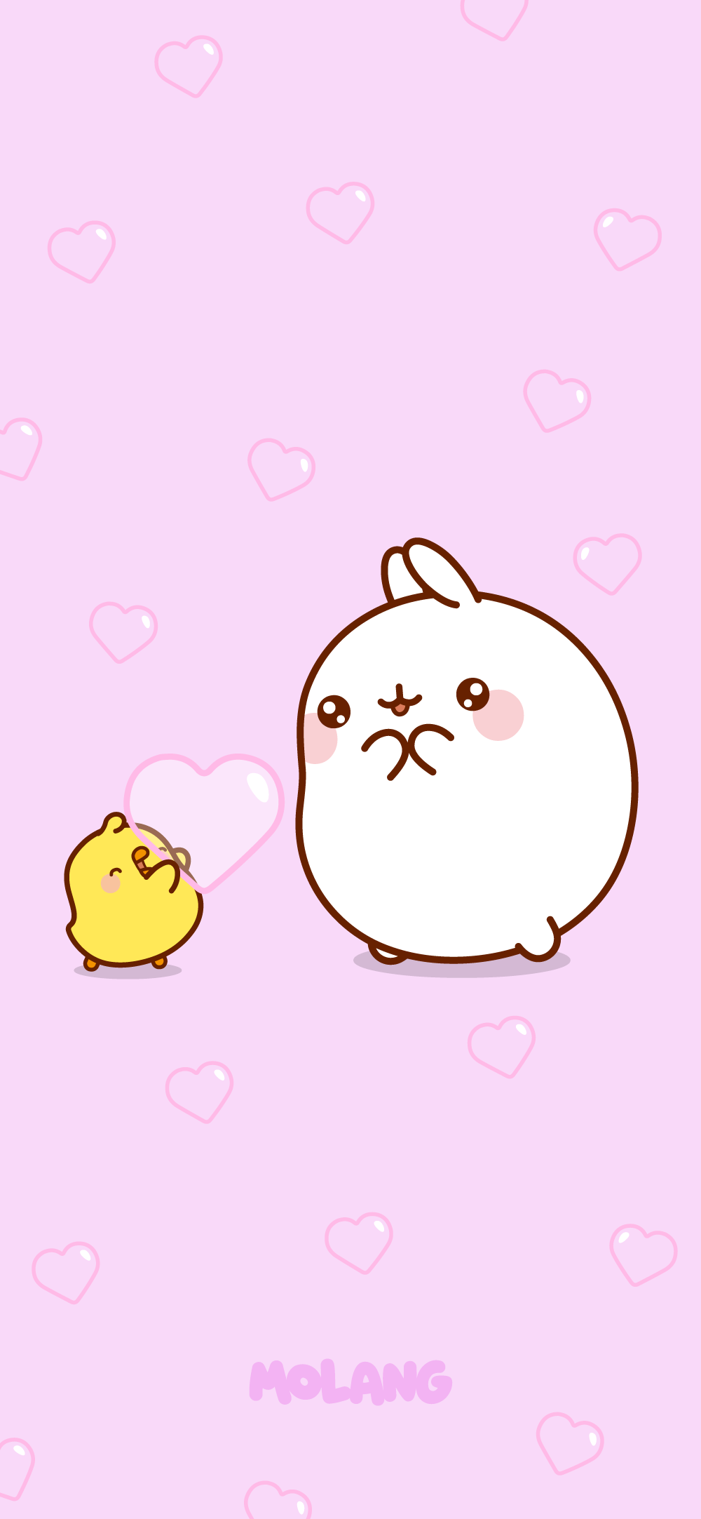 A Molang rabbit wallpaper with a chick and hearts - Molang