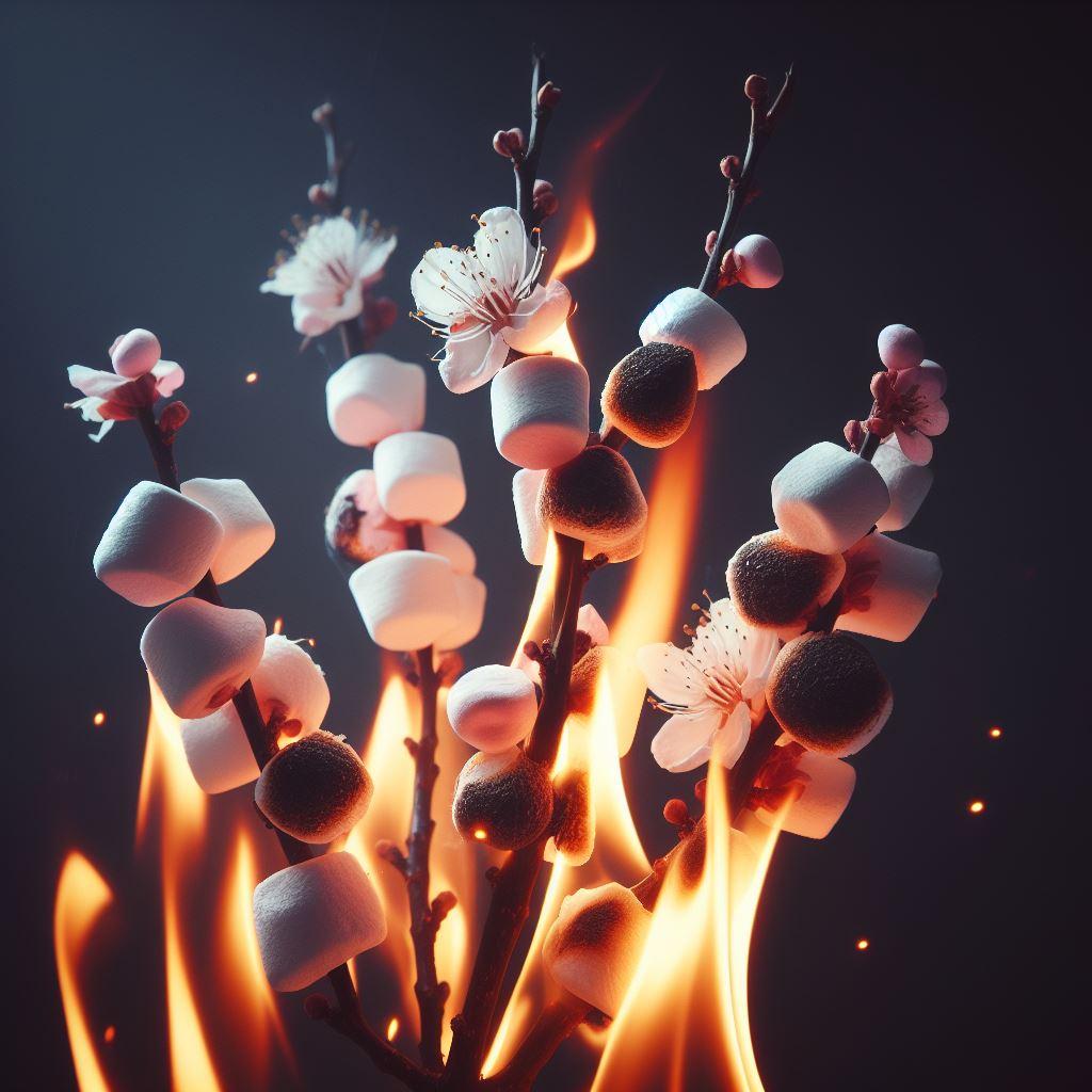 Marshmallows and flowers on sticks on fire - Marshmallows