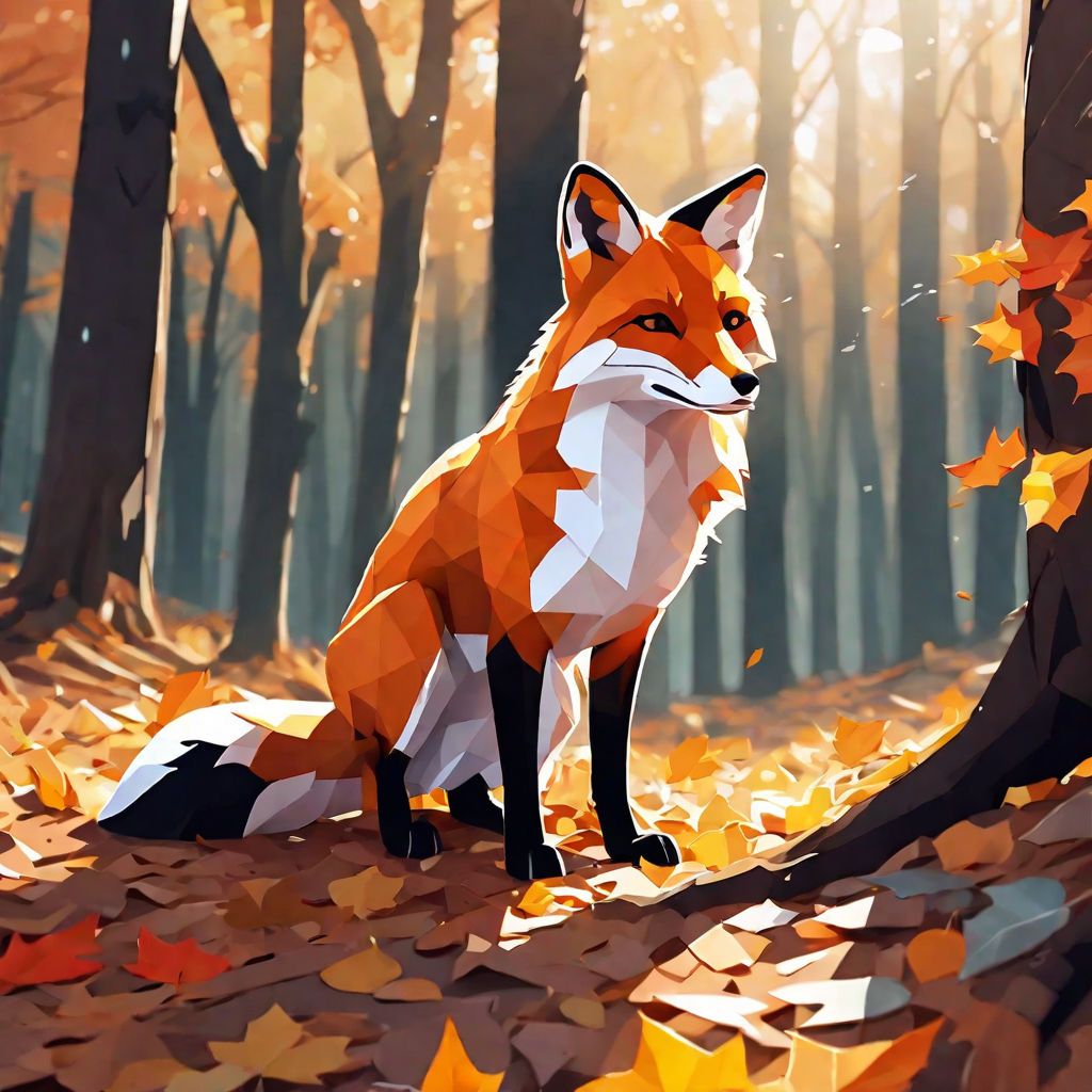 A digital painting of a fox sitting in a forest surrounded by fall leaves - Low poly