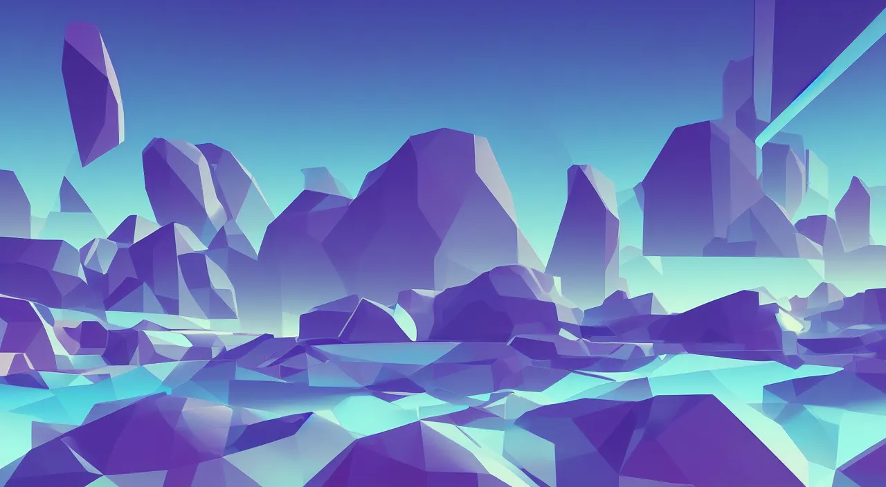 A digital artwork of a landscape with low poly icebergs and a planet in the background - Low poly