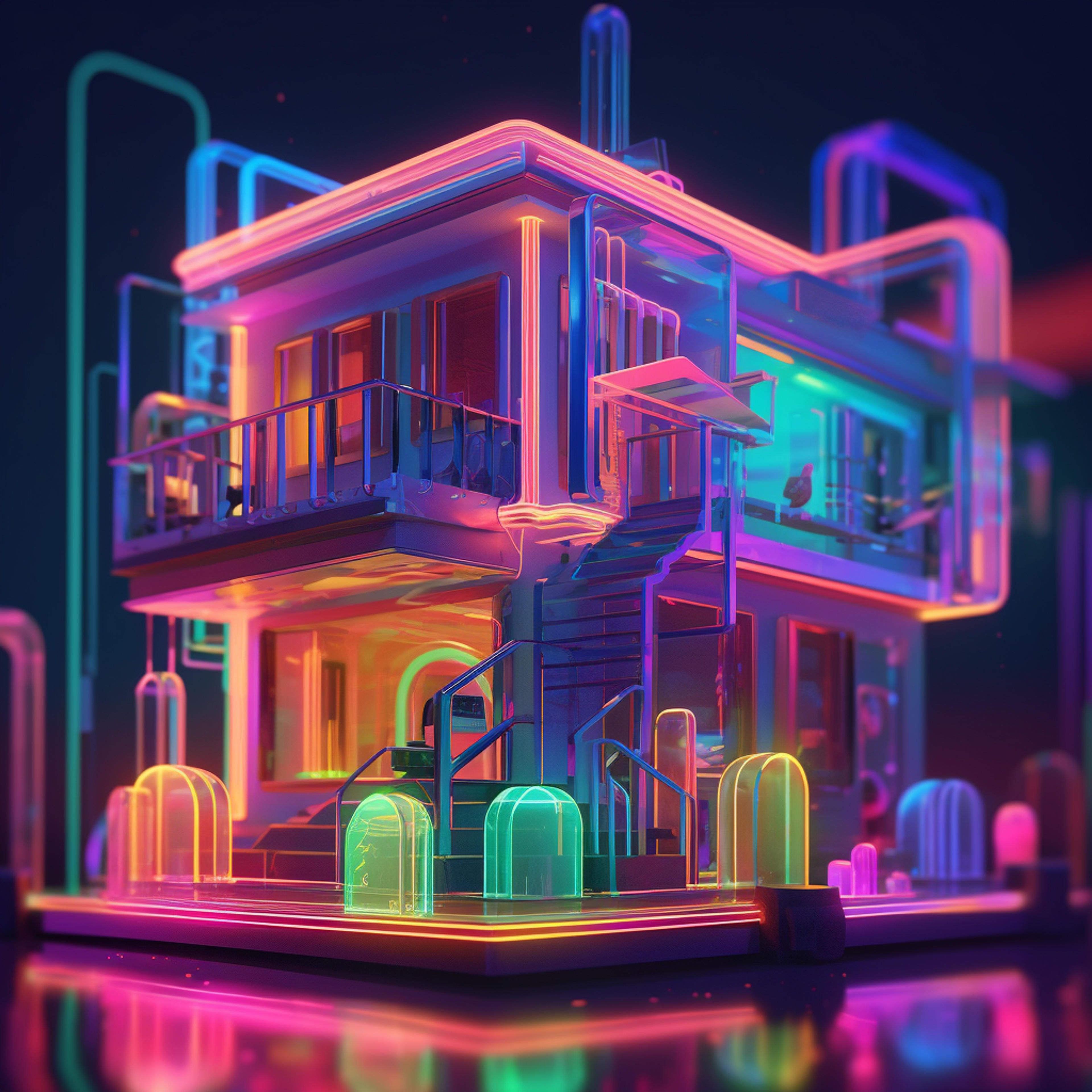 A digital art piece of a colorful, neon-lit building. - Low poly
