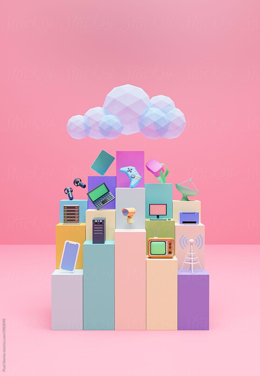 A cloud made of colorful cubes with technology devices on top - Low poly