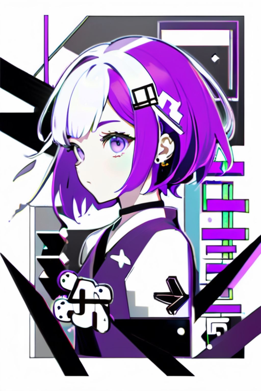 A purple-haired anime girl with a white streak in her hair and a white ribbon in her hair. She is wearing a purple and white shirt with a white bow on the left side of her neck. She is also wearing a black and white striped shirt with a white collar. She is holding a white controller in her right hand. She is wearing a black and white striped bracelet on her left wrist. She is also wearing a black and white bow on her left ear. She is standing in front of a black, white, and purple background. - Low poly