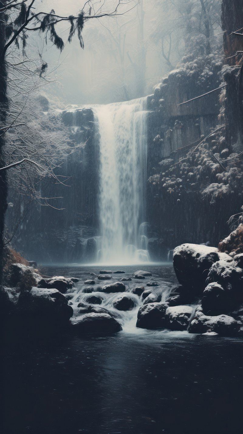 A waterfall in winter surrounded by snow. - Waterfall