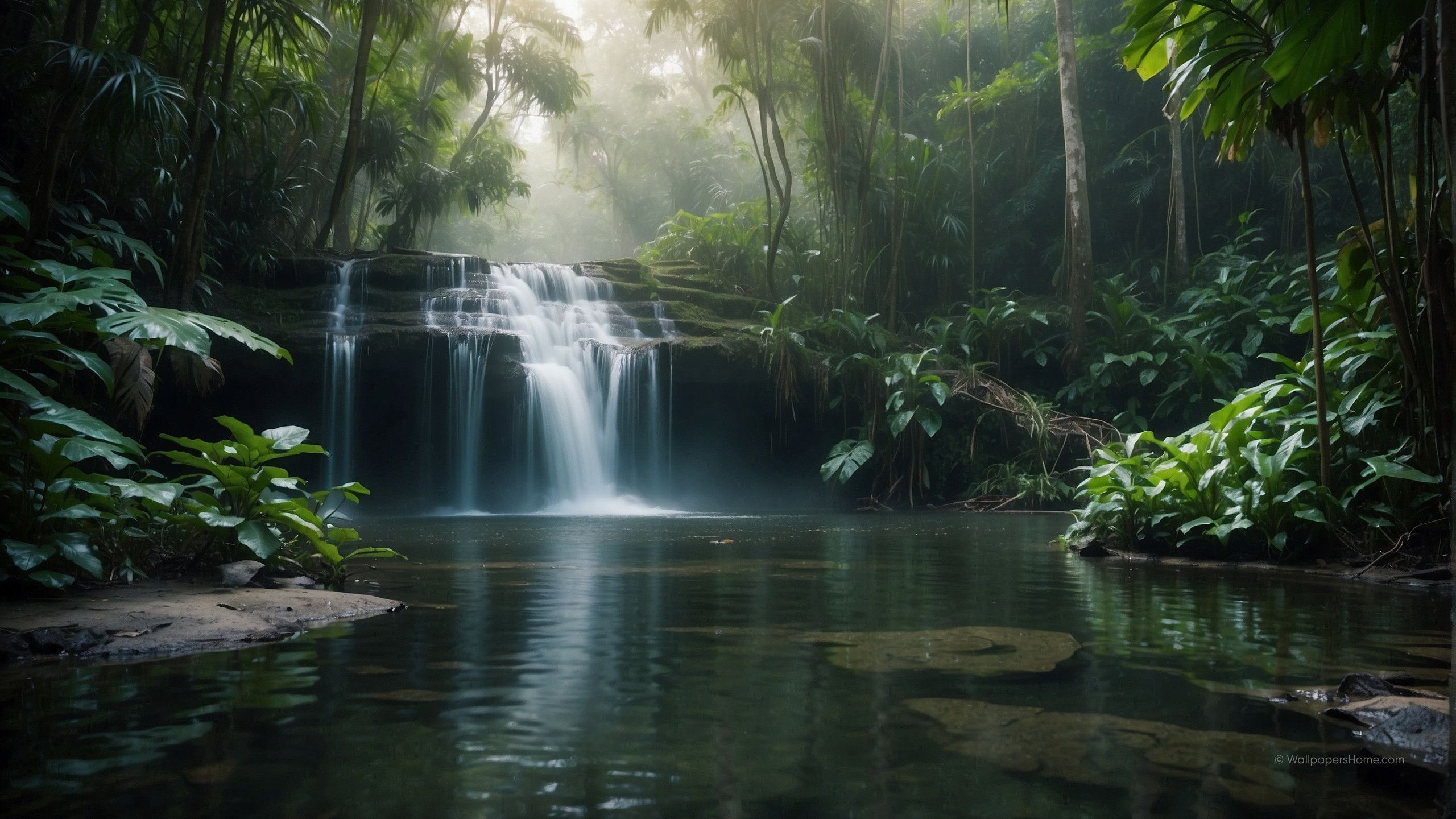 A waterfall surrounded by green plants - Waterfall