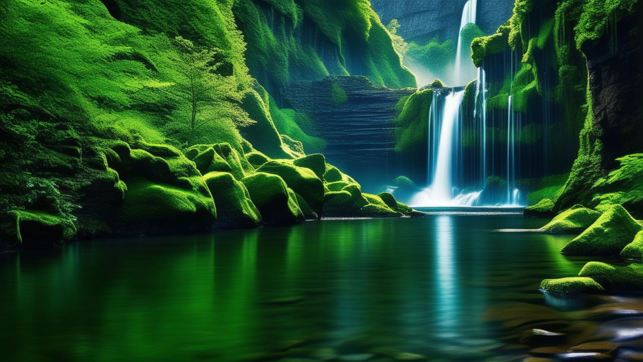 A beautiful waterfall surrounded by mossy rocks. - Waterfall