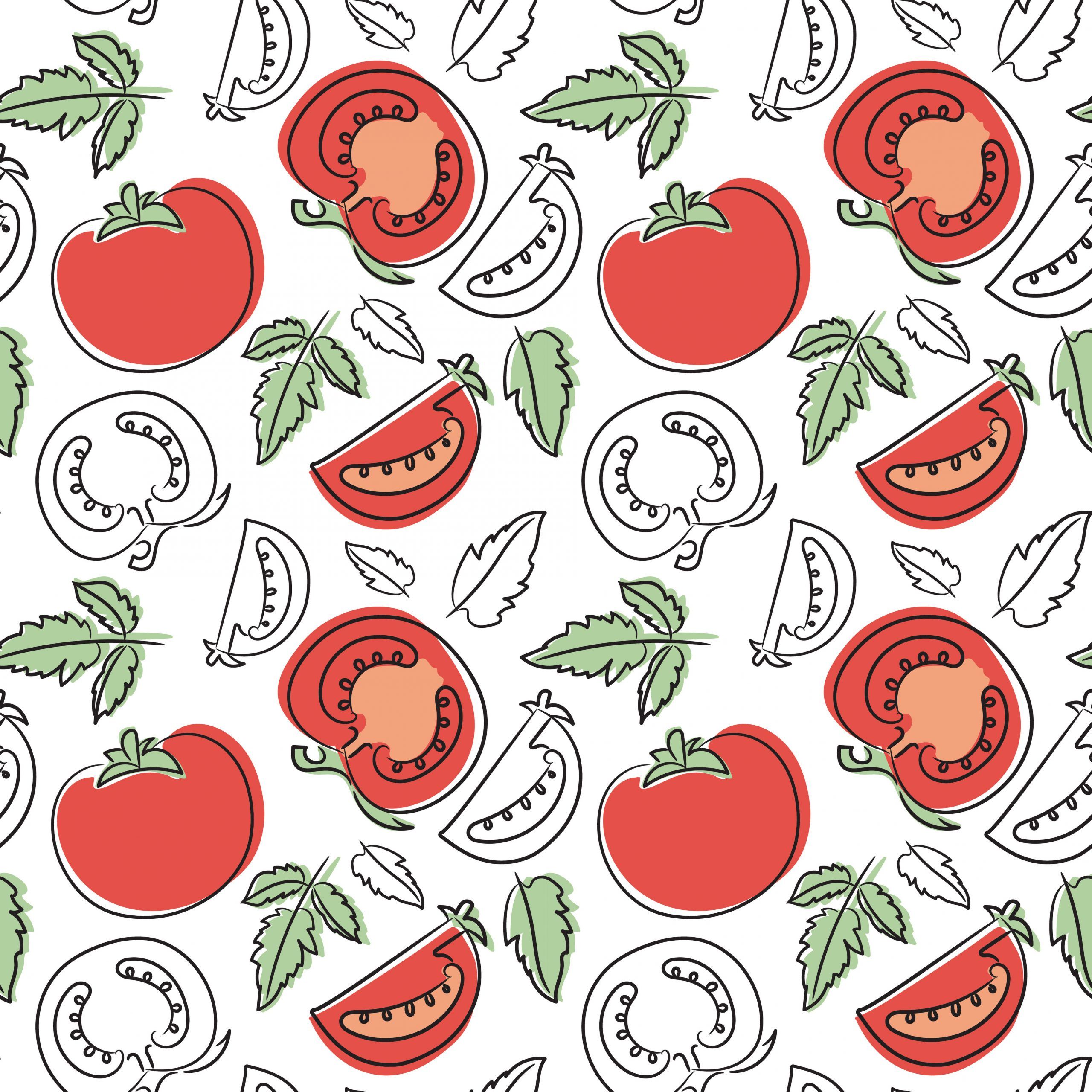 Seamless pattern with tomatoes and greens on a white background - Hand drawn
