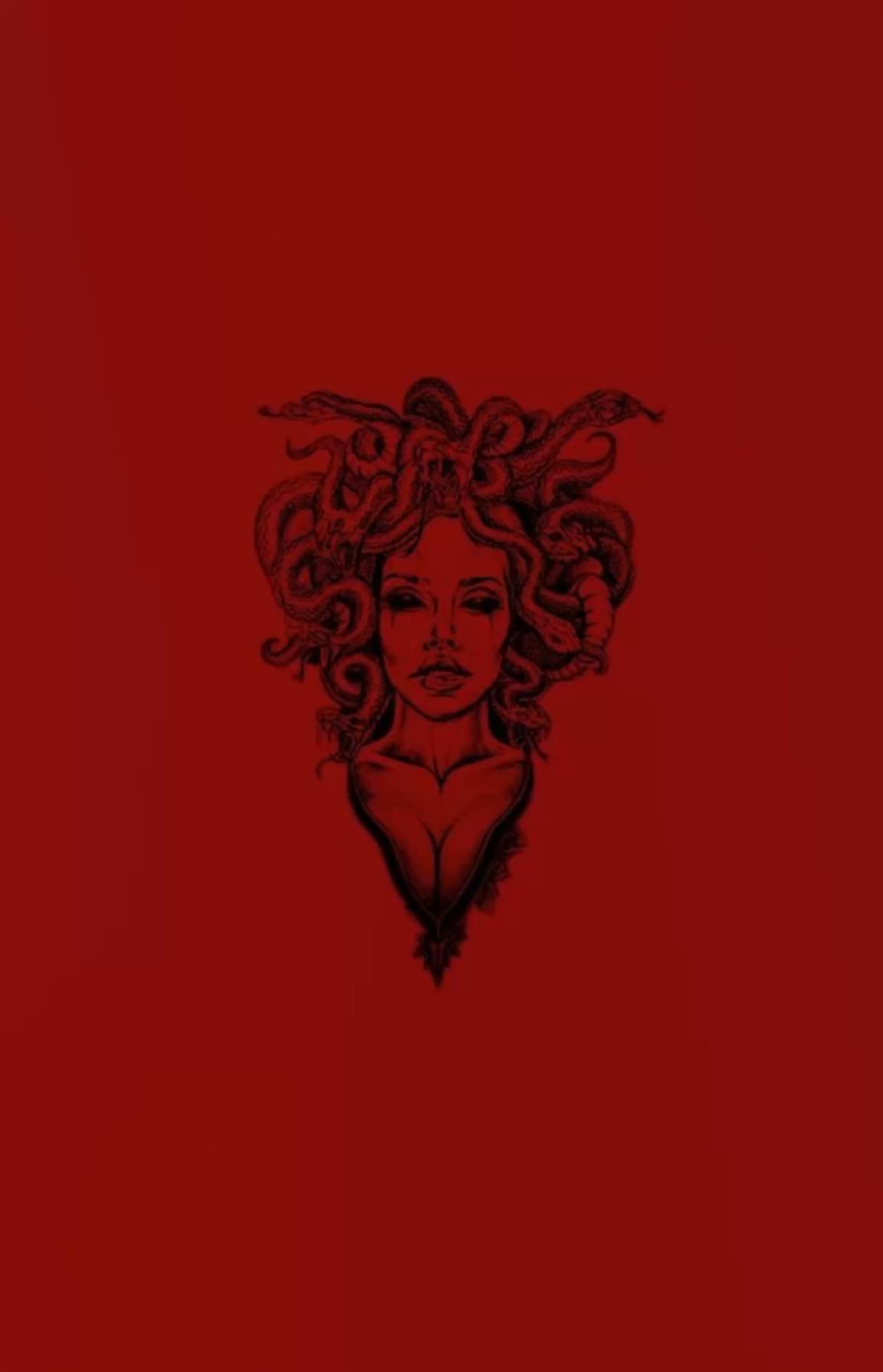 A red background with a black illustration of Medusa in the center. - Medusa