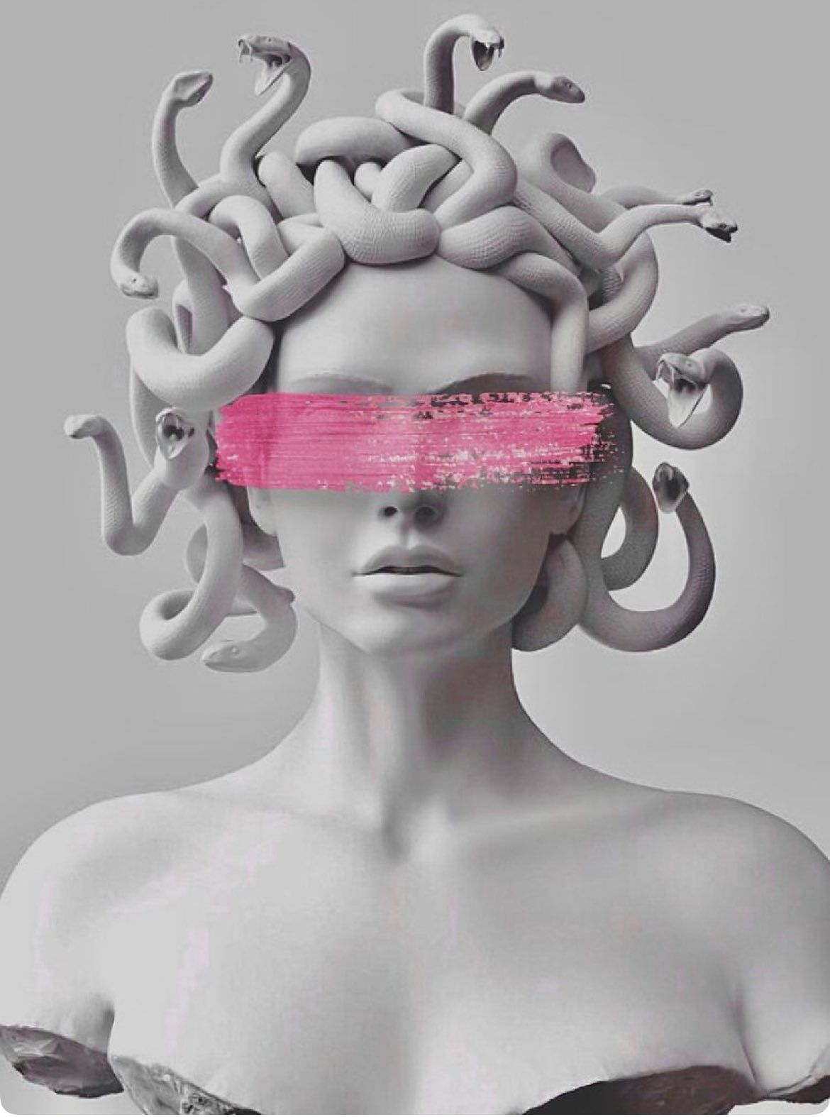 A sculpture of a woman with snakes for hair and a pink stripe across her eyes. - Medusa