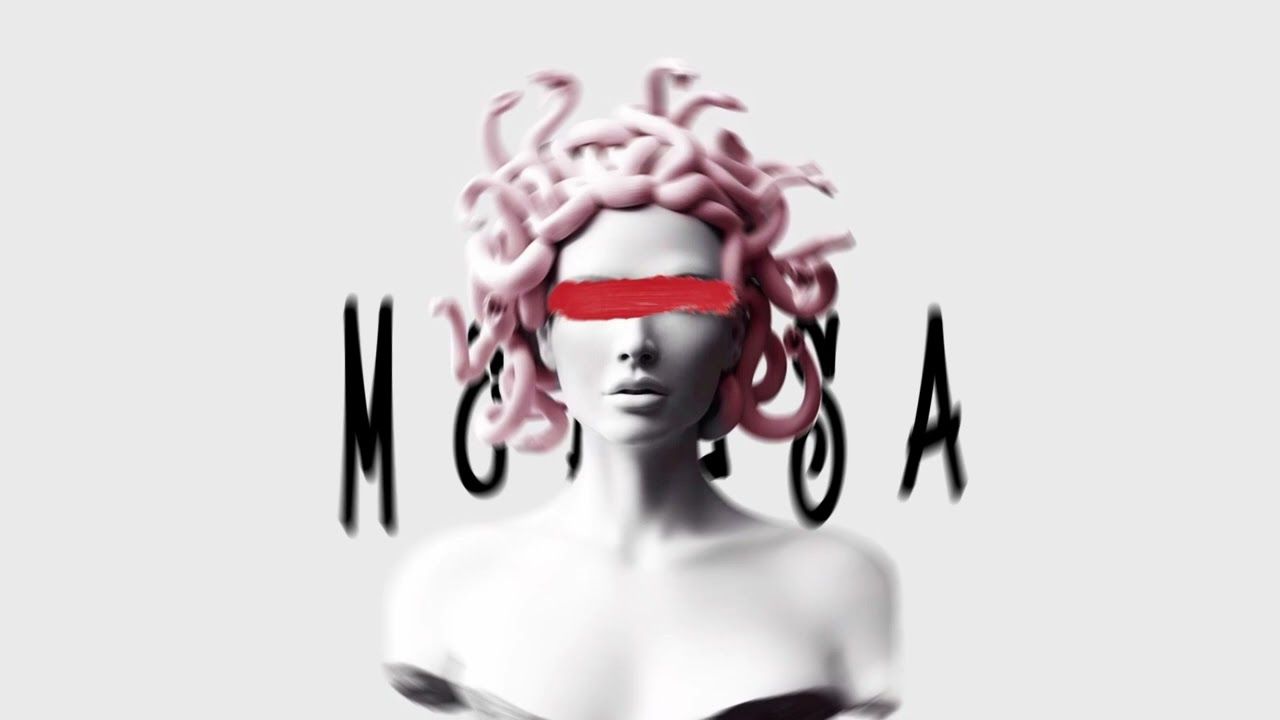 A woman with snakes for hair and red blindfold - Medusa