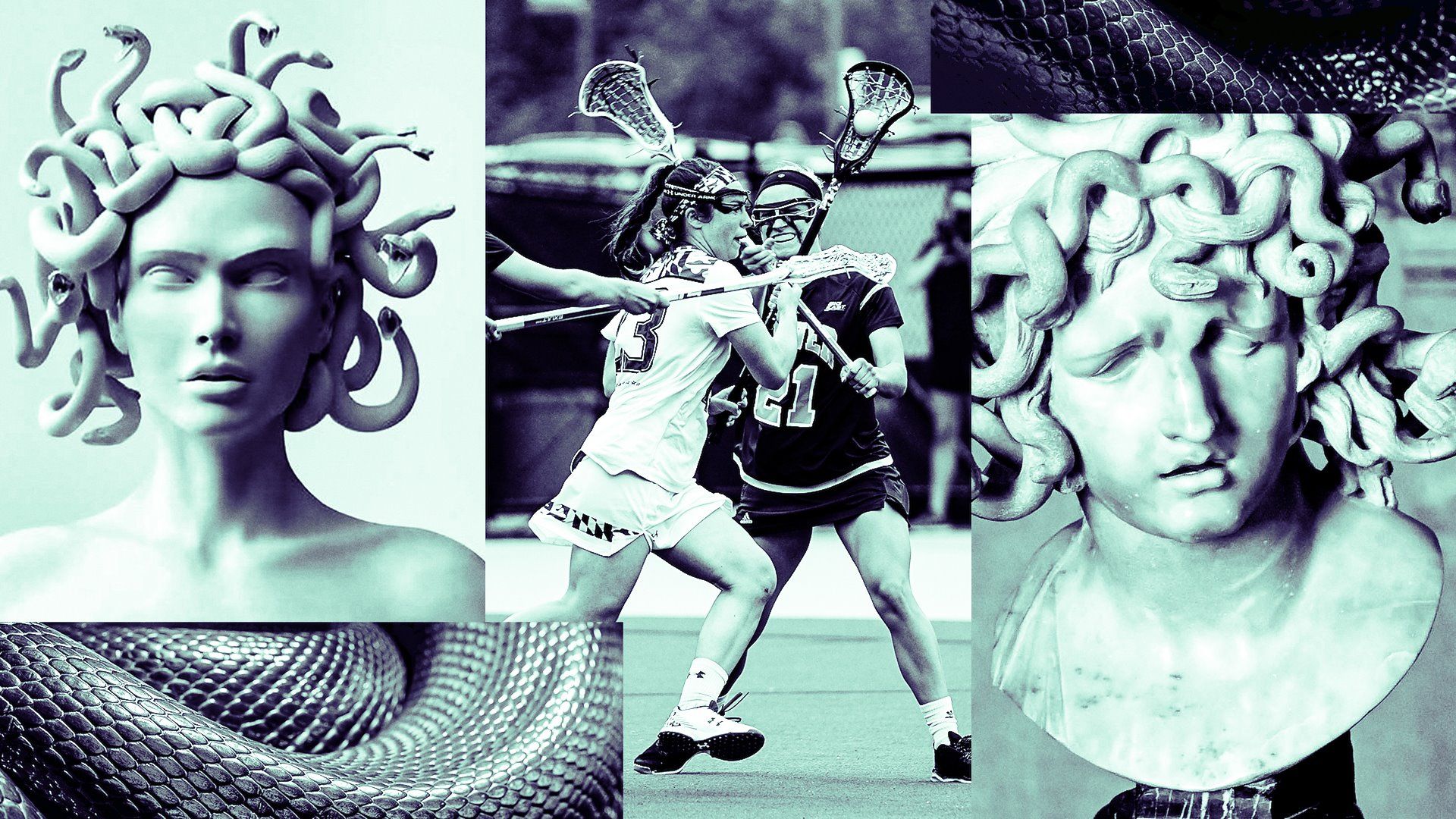 A collage of Medusa and two lacrosse players. - Medusa