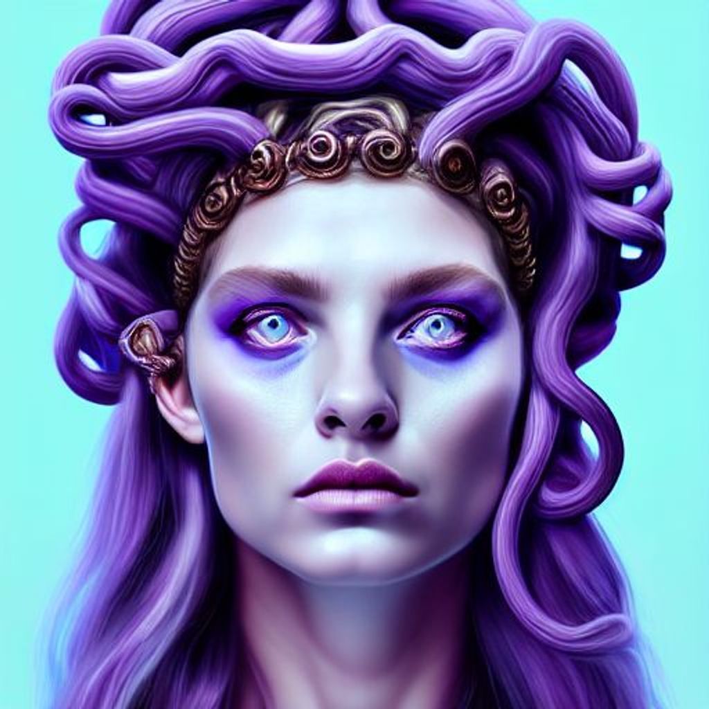 A digital painting of a woman with long purple hair and a gold headband. - Medusa