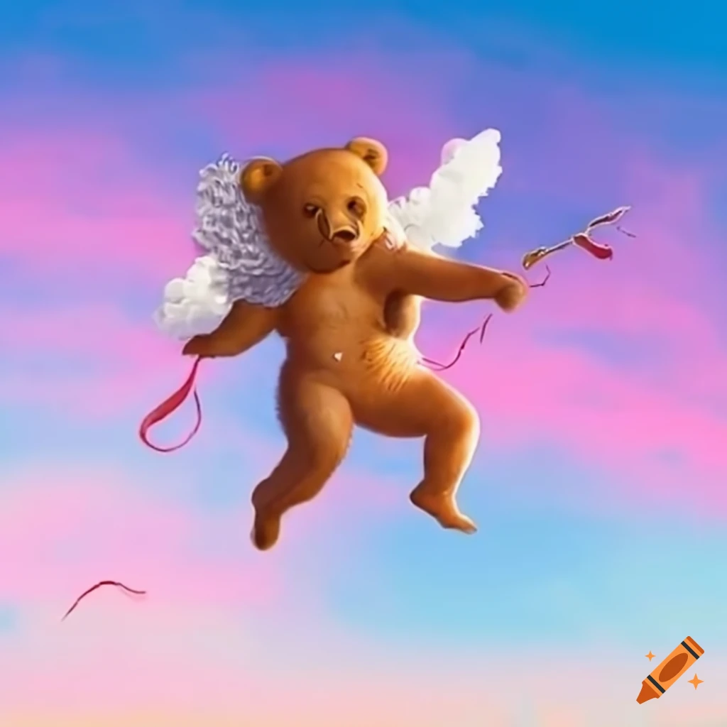 Cartoon bear cupid flying in