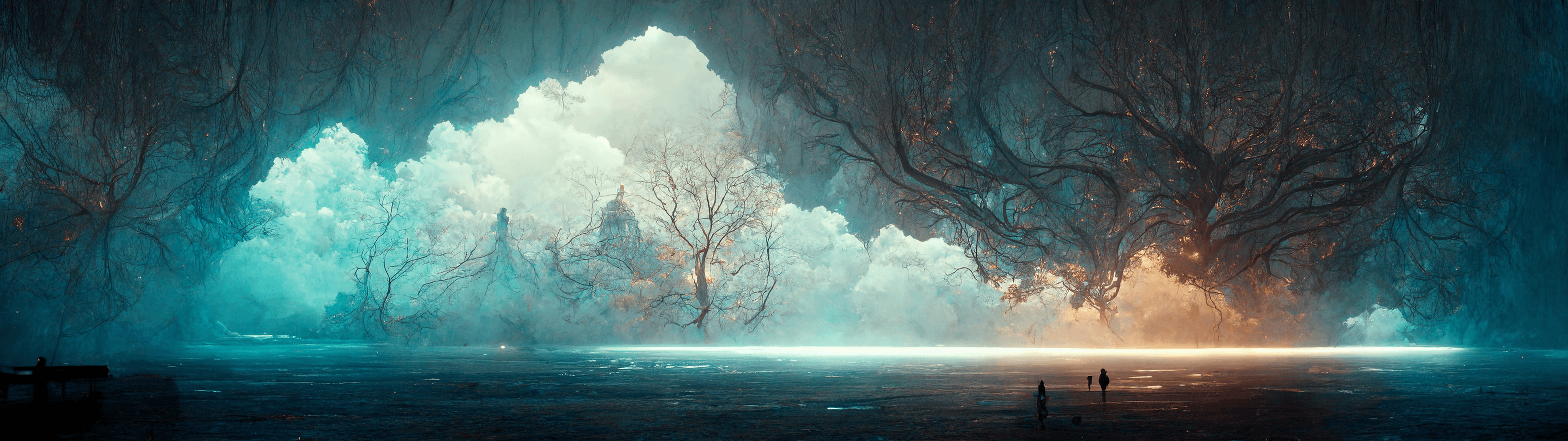 A digital painting of a misty forest with a glowing light at the end. - 5120x1440